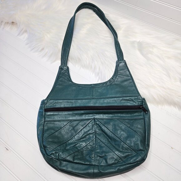 Vintage Green Leather Classic Shoulder Soft Leather Hobo Purse Handbag 15x9x5" - Picture 1 of 16